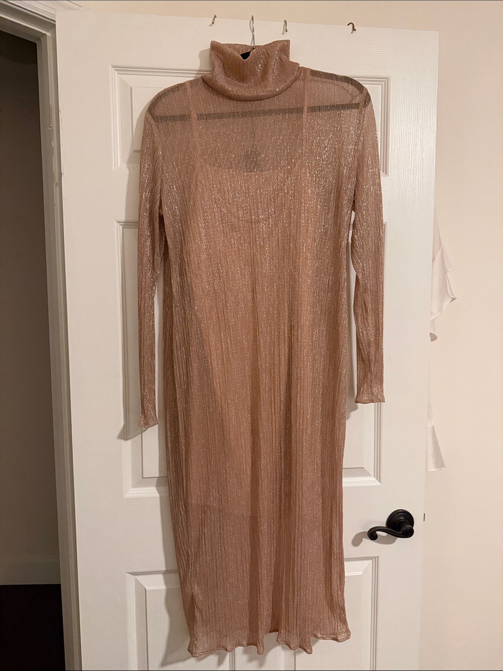 BCBGMaxAzria Sheer Metallic Turtleneck Long Sleeve Dress - Nude